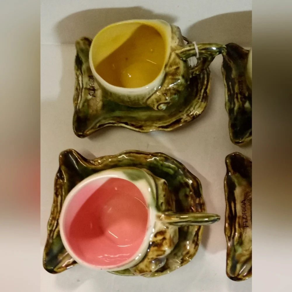 Vtge 8-Pc. Japan Shell Cups & Saucers 50s Porcelain Drip Glaze FLORIDA Engraved